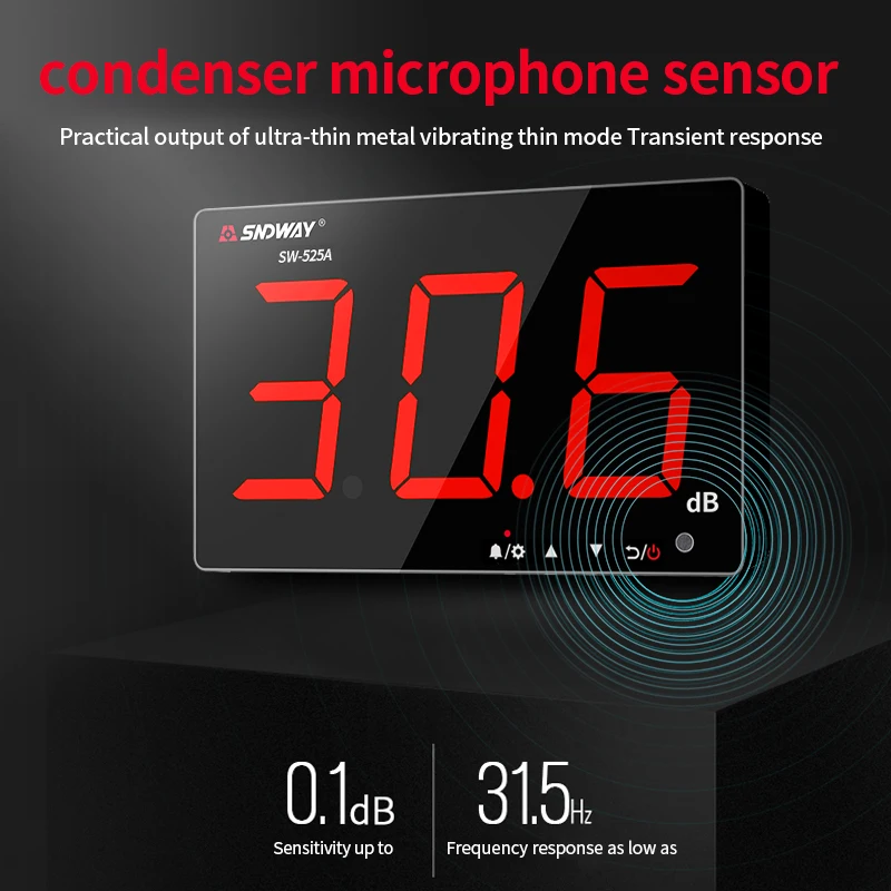 SNDWAY Digital fonometro SW-525A a parete Decibel metro 9.6 pollici 30-130dB grande schermo appeso tipo rumore dB metro