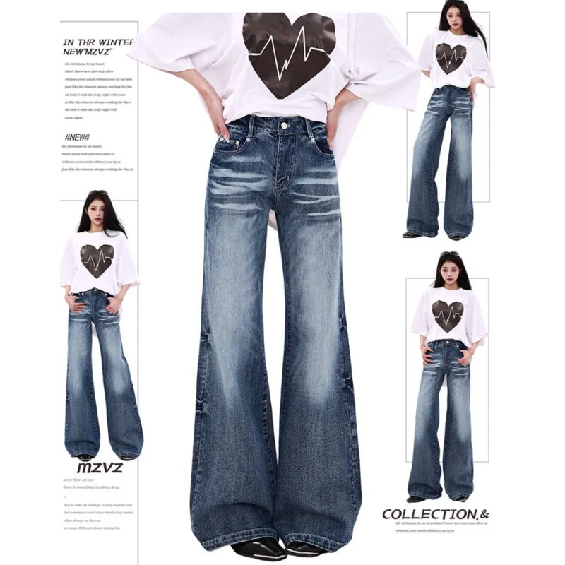 

Gradient Blue Womens Jeans High Waist Straight Baggy Denim Pants American Korean Fashion Y2K Female Wide Leg Denim Trouser ﻿