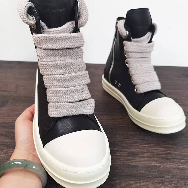Sapatos casuais de couro para homens e mulheres, tênis preto com cadarço, cadarço jumbo, monocromático, na moda