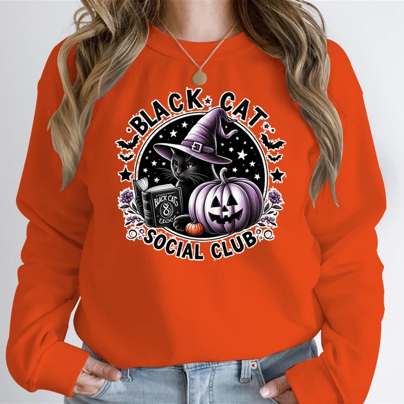 

Black Cat Social Club Hoodie Halloween Party Pullovers Sweatshirts Witch Graphic Tops Oversized Sweatshirt Halloween Streetwear