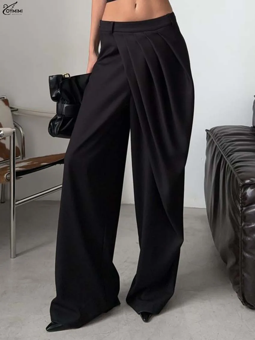 

Oymimi Fashion Black Zipper Women's Pants Casual Low Waisted Straight Trousers Elegant Pockets Pleated Full Length Pants Female