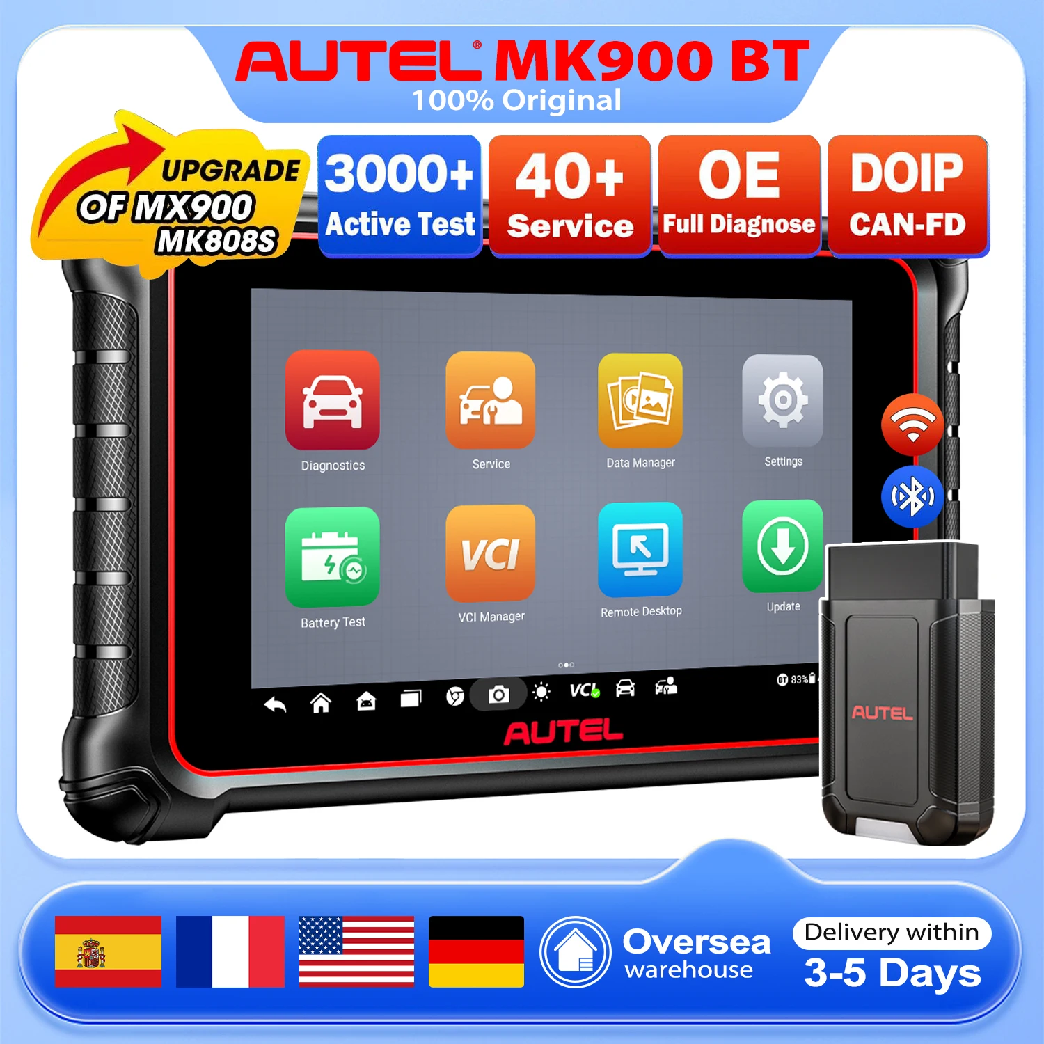 

Autel MaxiCOM MK900BT Bidirectional Diagnostic Tool, Active Test, 40+ Service with CAN FD/ DOIP US ES FR GE warehouse in stock