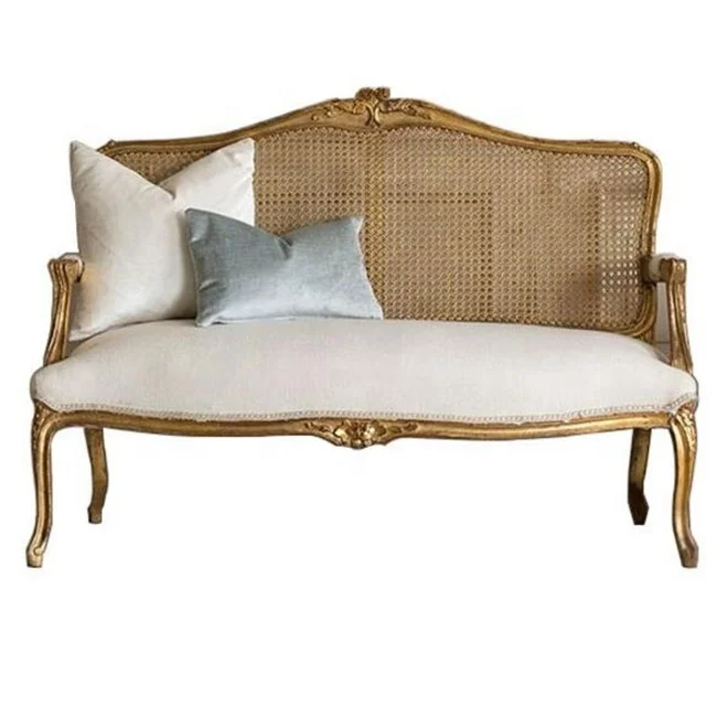 

Hot Selling Farmhouse Vintage Classic Wood Rattancane Fabric love Seat Sofa Living Room Designs