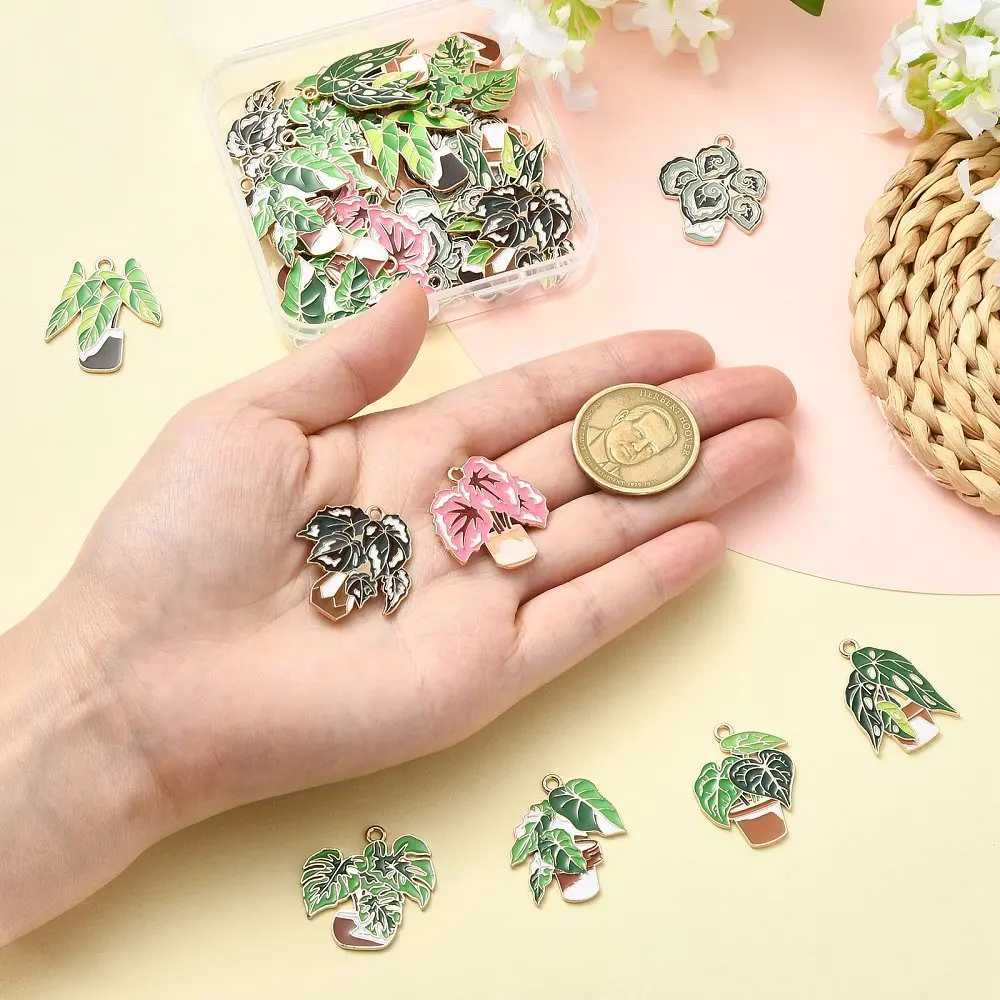 32pcs Tropical Potted Plant Enamel Charms Green Alloy Monstera Leaf Pendants for DIY Bracelet Earring Botanical Jewelry Making
