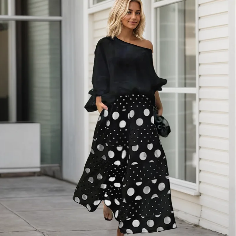 Fashion High Street Outfits Casual Diagonal Neck Hollow Top with Wide Leg Pants Sets Dot Prints Multi-layer Splice Pants Female