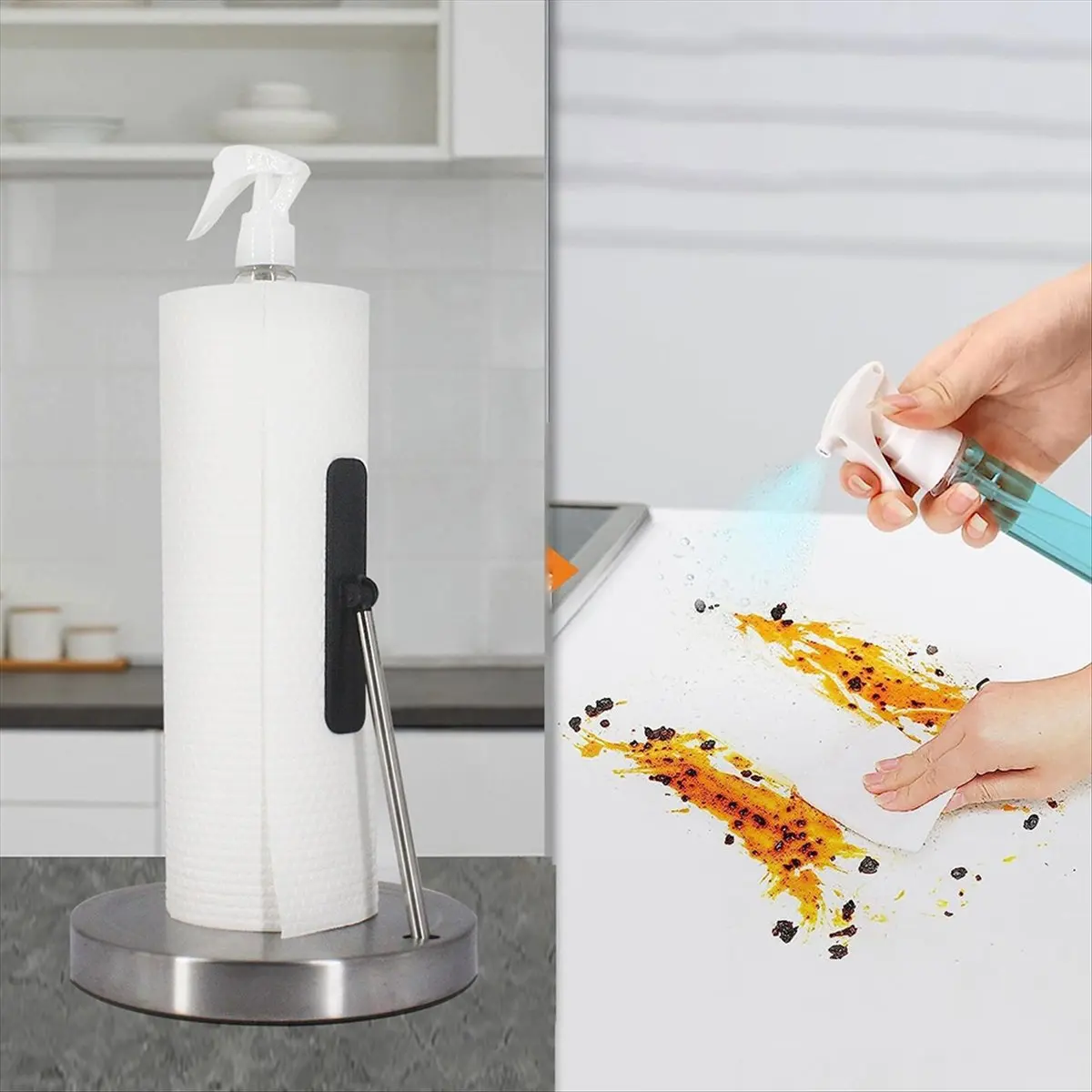 Latest ABBQ-2 in 1 Paper Towel Holder with Bottle, Countertop Paper Towels Holders Stand Under Cabinet Papertowels Roller