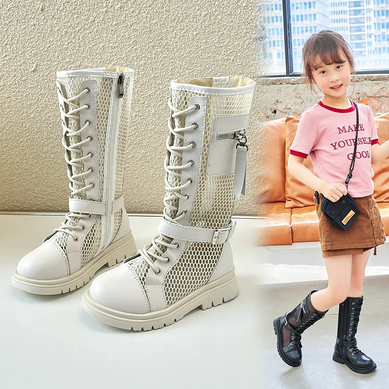 Girls High Boots Breatheable Pocket Buckle Kids Fashion Casual Shoes 2023 Summer New Children Chic Princess Catwalk Shoes Simple