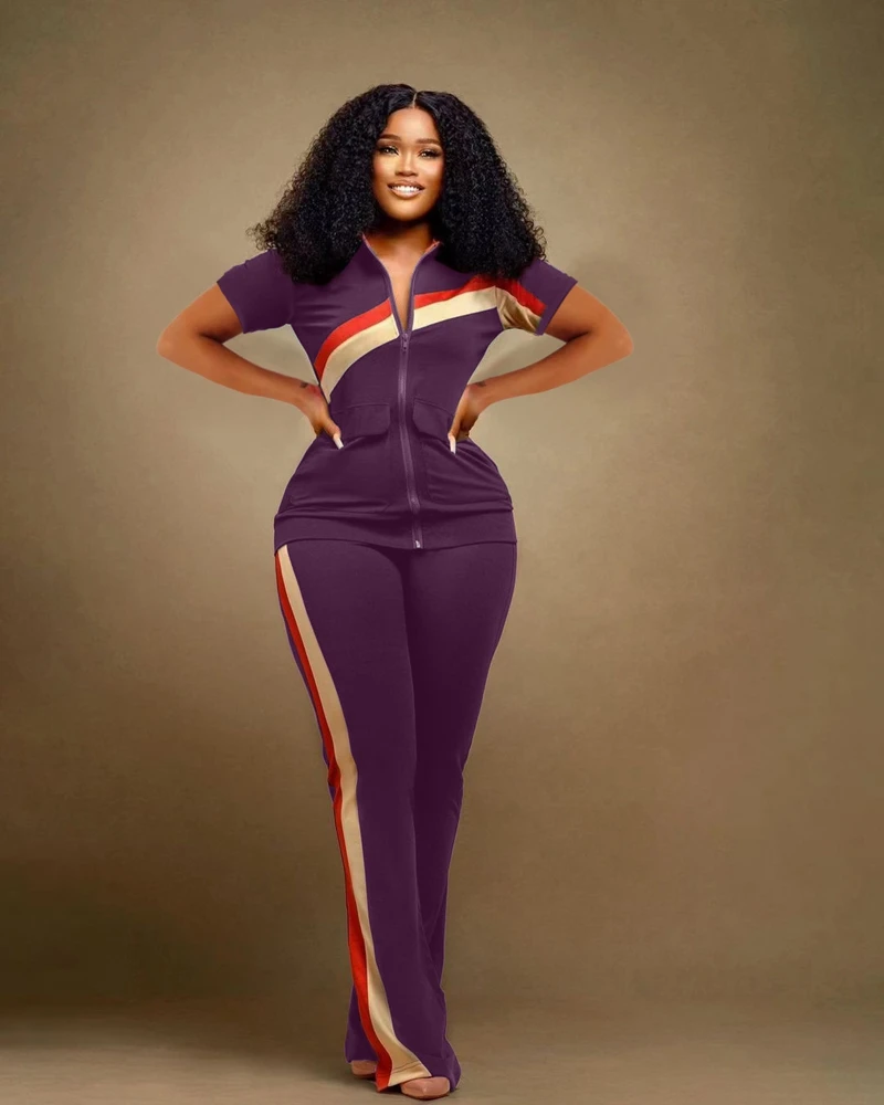 

STYLISH LADY Patchwork Sporty 2 Piece Set Women Short Sleeve Zipper Jacket and Pant Suits 2025 Autumn Casual Fitness Tracksuits