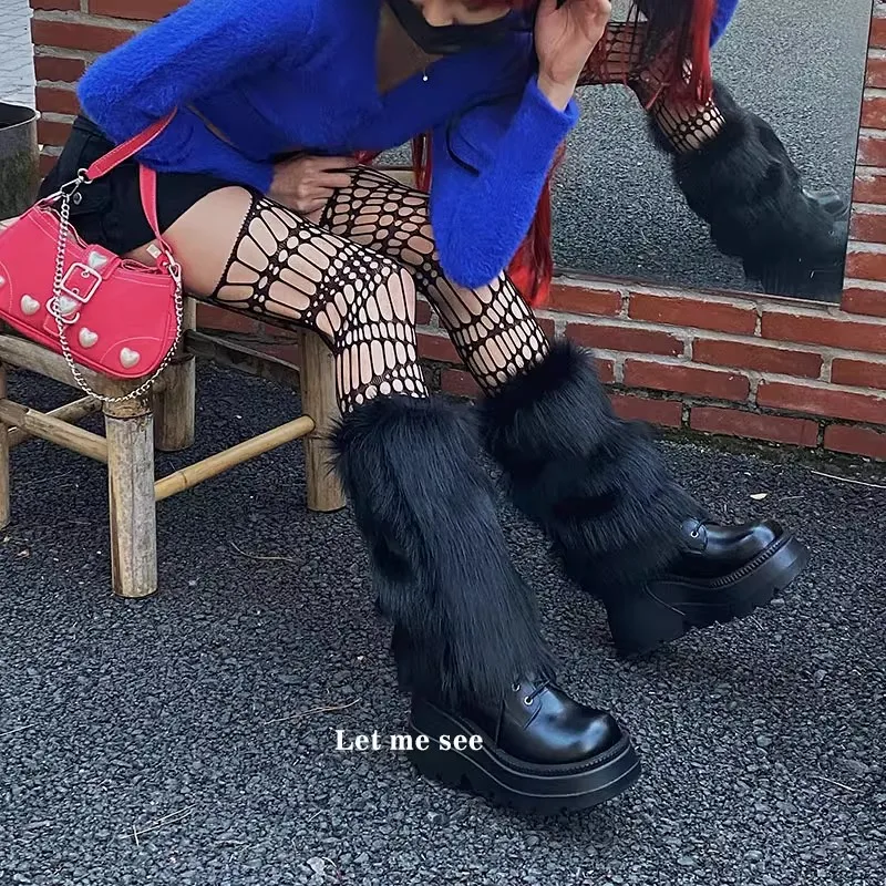 Y2K Goth White Black Faux Fur Leg Warmers Furry Boot Covers Lady Winter Warm JK Knee-length Hipster Warm Sock Fashion Leg Covers