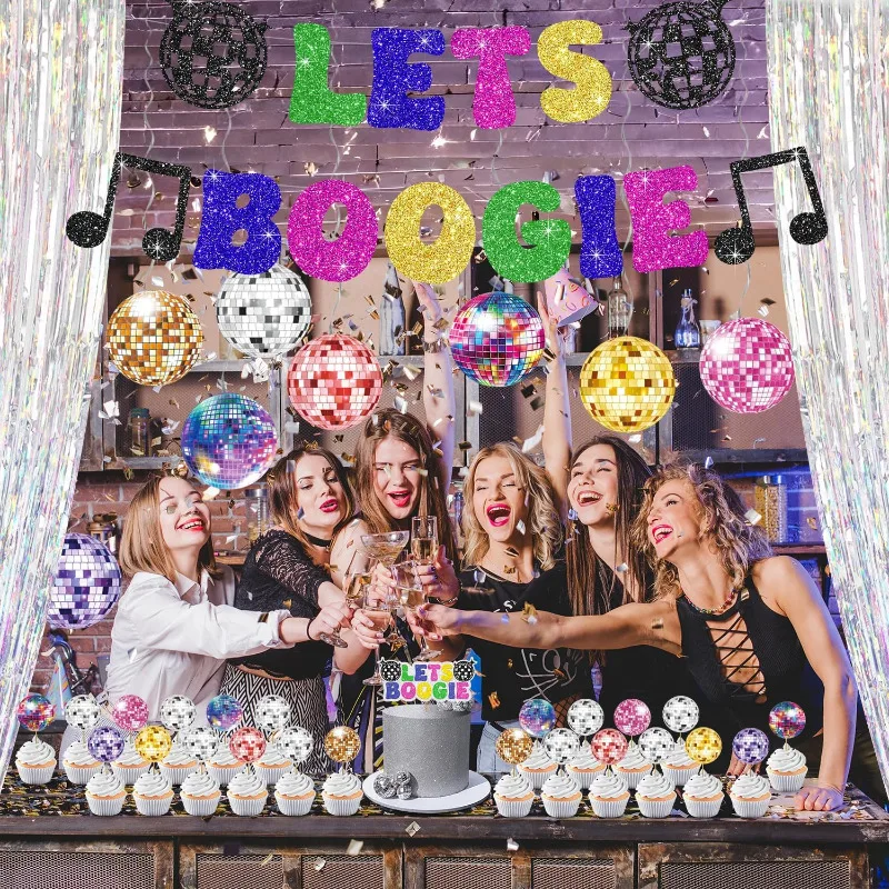 Disco Party Decorations with Colorful Lets Boogie Banner Swirls Streamers Tinsel Foil Fringe Curtains Disco Ball Cupcake Toppers