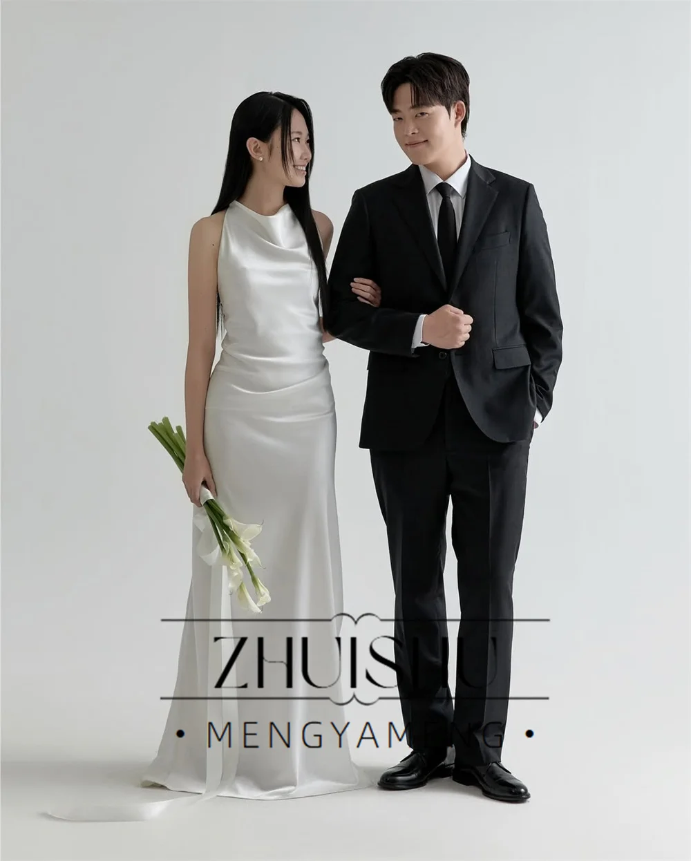 ZHUISHU Elegant Ivory Mermaid Wedding Dress Halter Photo Shoot Korean Style Gown for Women Open Back Sleeveless Pleat 2026