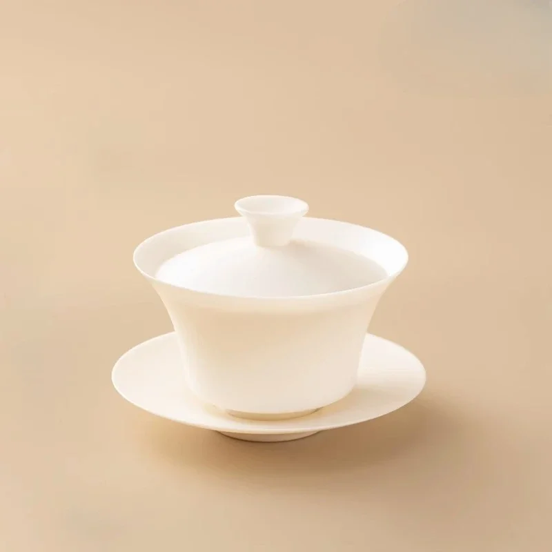 Chinese-style sheep fat jade porcelain ultra-thin three-sided covered bowl with gift box, Chinese-style festival gift box