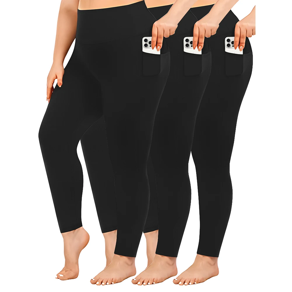 Leggings de yoga grande taille avec poches pour femme, pantalon d'entraînement doux en spandex, taille haute, lot de 3