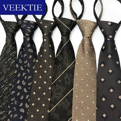 VEEKTIE Brand Zipper Neckties For Men 8cm Korean Style Adjustable Hand Tie Check Striped Print Business Champagne Brown Cravates