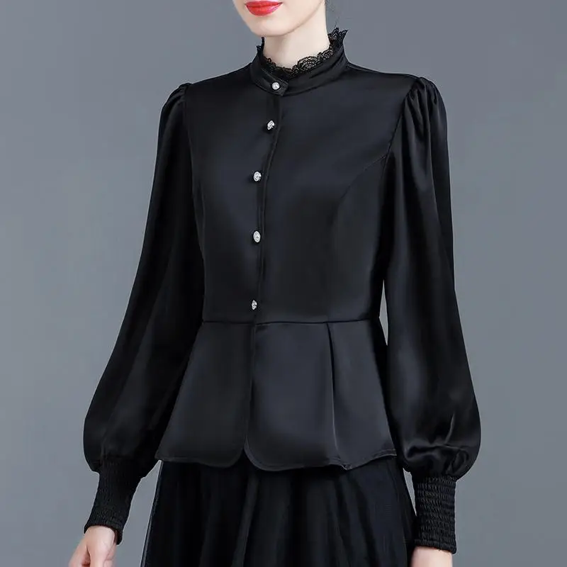 Spring Autumn Women Satin Elegant Ruffled Lace Patchwork Shirts Office Lady Business Casual Blouses Black Long Sleeve Slim Tops