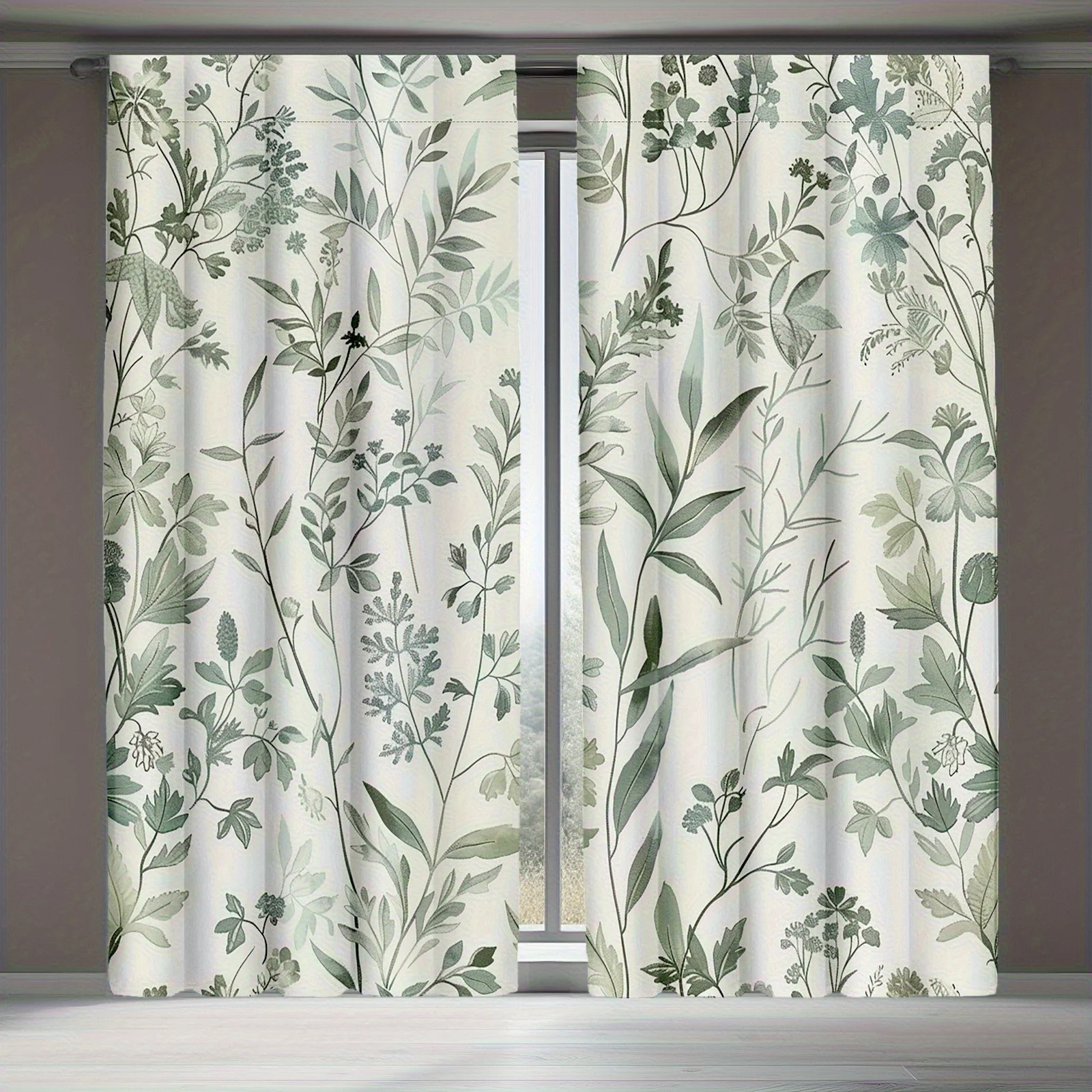 Vintage Botanical Curtain 2 Panels, Muted Green Leaf Floral Sketch Simple Pattern Off White Base For Bedroom Decor Curtain