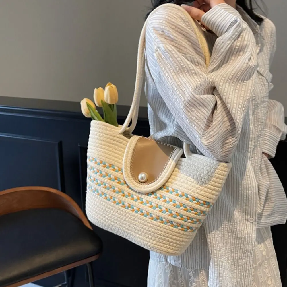 

Button Woven Straw Tote Bag Large Capacity Beach Handbag Braided Underarm Bag Bucket Bag Hollow Out Knitted Shoulder Bag