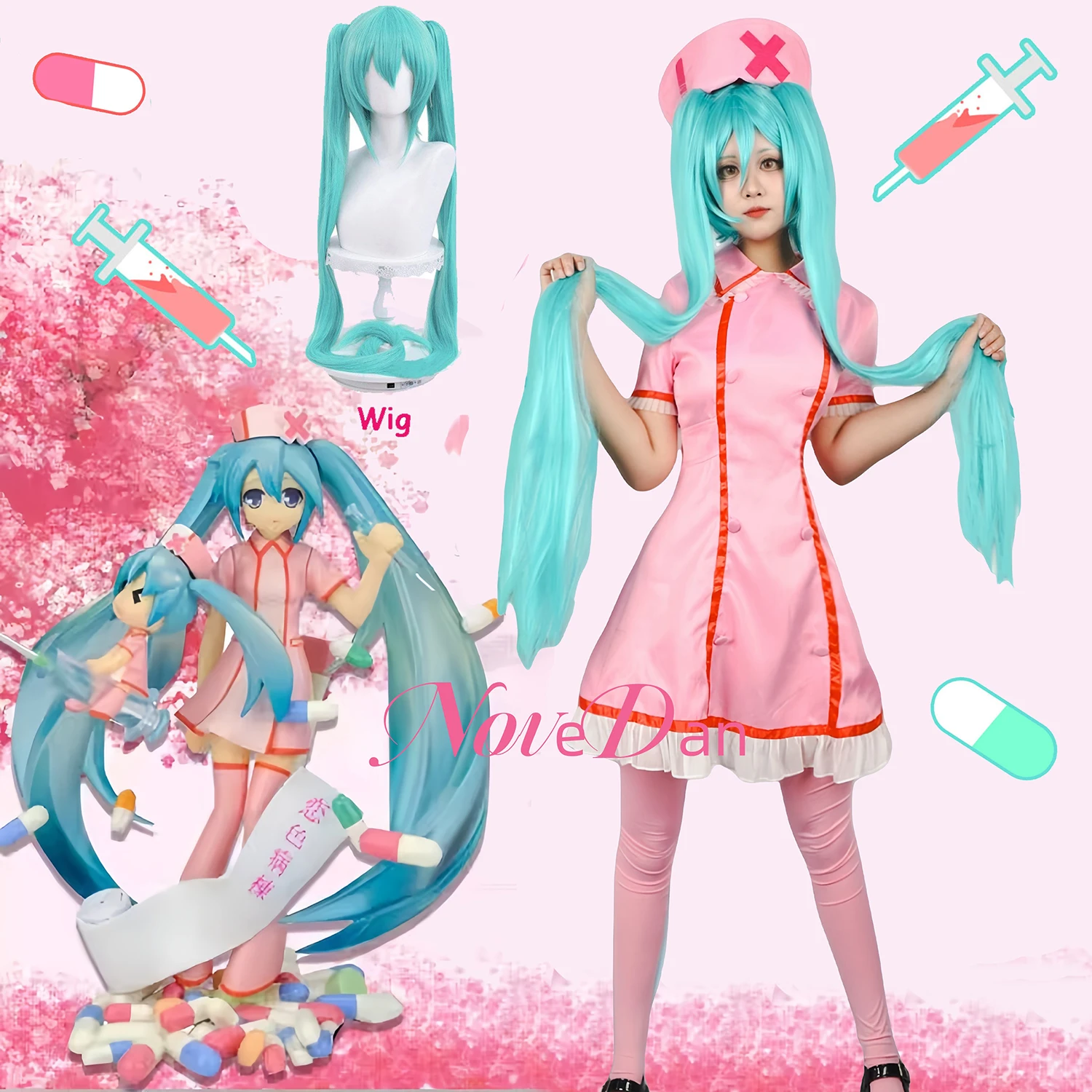 アニメ-vocaloid-ミクコスプレピンクナースドレス女性制服帽子靴下付きハロウィンパーティー衣装