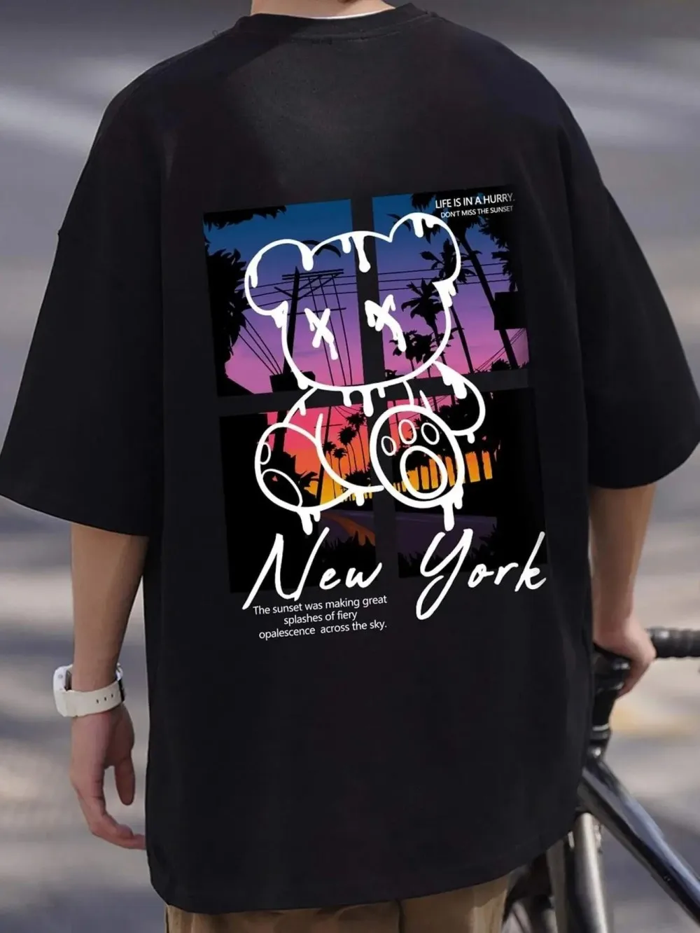 American men's summer teddy bear graffiti landscape print micro elastic breathable round neck T-shirt outdoor street top