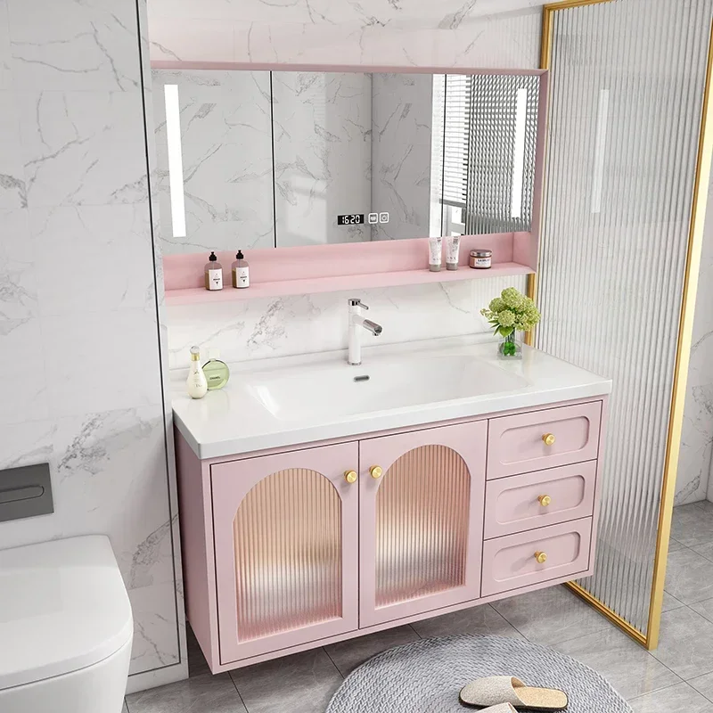 Pink integrated ceramic basin bathroom cabinet combination washbasin washbasin simple modern smart bathroom hanging cabinet