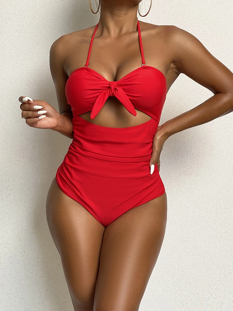 

Women's Swimsuit 2025 New One Piece Solid Hollow Out Swimwear Sexy Halter Monokini Bodysuit Summer Beach Bathing Suit For Female