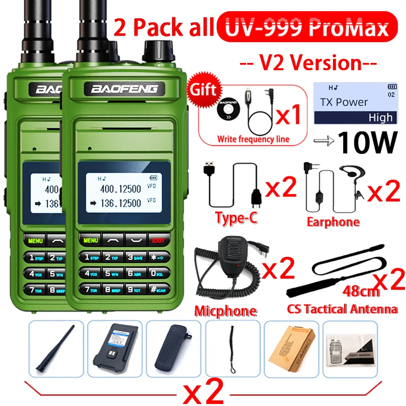 2 قطعة Baofeng UV999 برو ماكس 10 واط المهنية لاسلكي تخاطب ترانسفر 999CH Type-C شاحن ترقية UV-10R 5R CB اتجاهين راديو