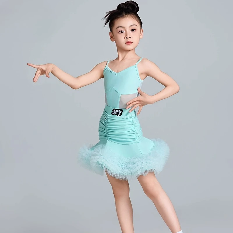Top con scollo all'americana Costume da allenamento per danza latina Ragazza Nuovo costume da spettacolo per bambini Regolazioni della competizione Abito da ballo latino