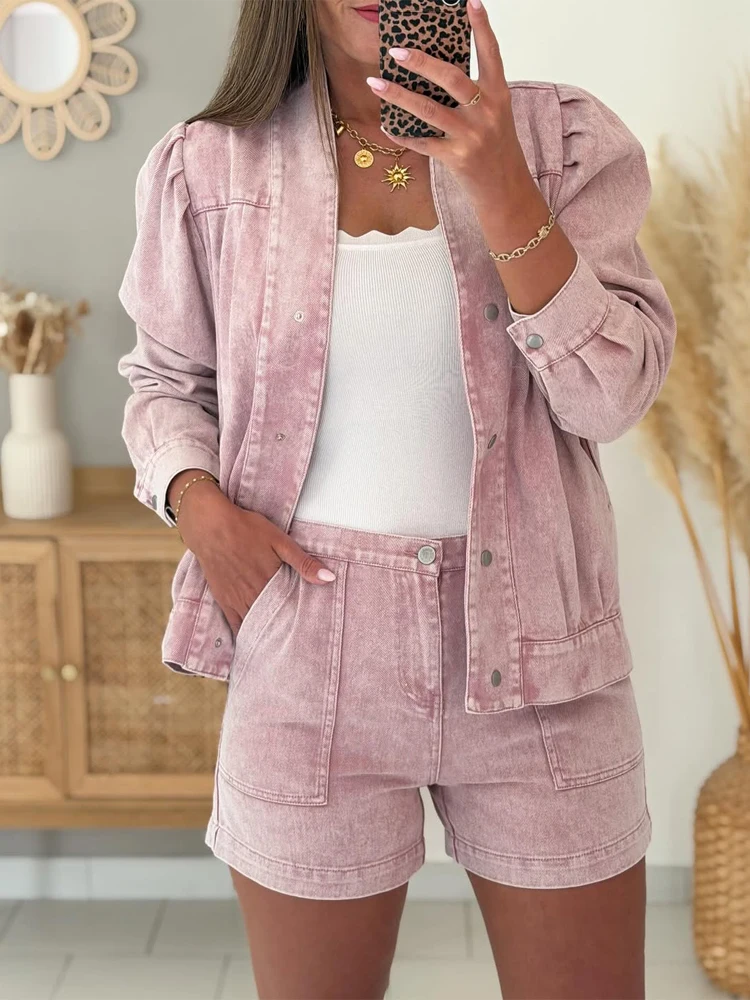 Light Washed Denim Jacket V Neck Snap Button Front Ruched Loose Long Sleeve Coat 2026 New Casual Daily Women's Autumn Clothes