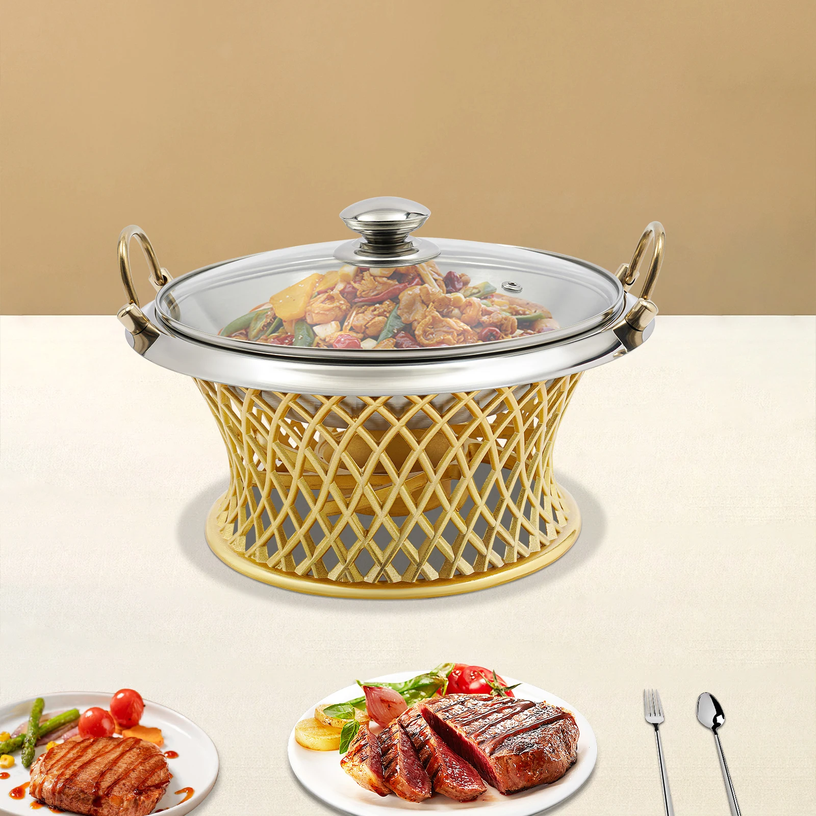 

24cm/9.45in Buffet Chafing Dish, Round Chafing Dish, Chafing Dish with Lid Food Pan For Families, Cafeterias, Company Parties