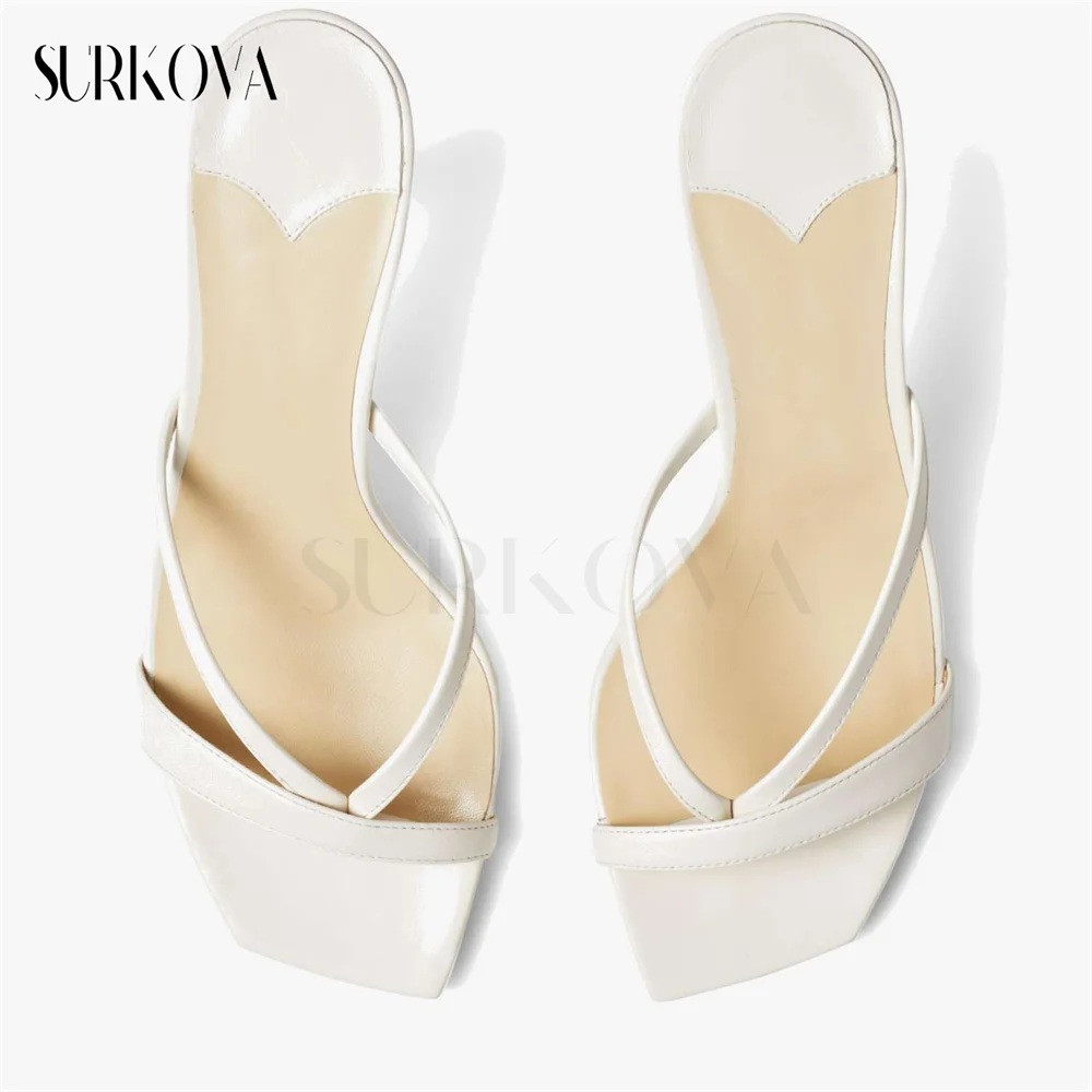 Latte Color High Heel Flip Flops Women's Mule Sandals Square Open Toe Narrow Band Slippers and Sandals Ladies Casual Shoes New