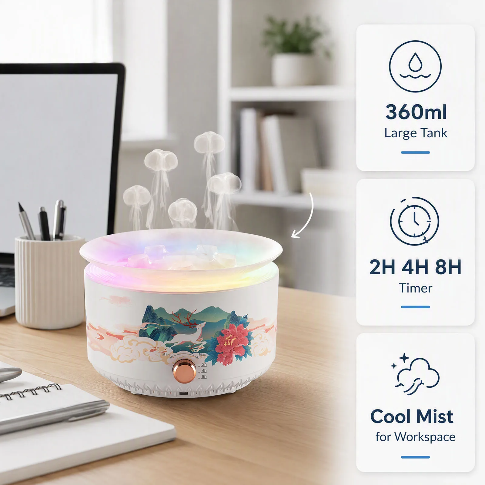 해파리 디자인 가습기, 360ml 용량, 시원한 미스트 분사, 초음파 방식, 7가지 색상의 LED 조명, 리모컨 제공 썸네일 2
