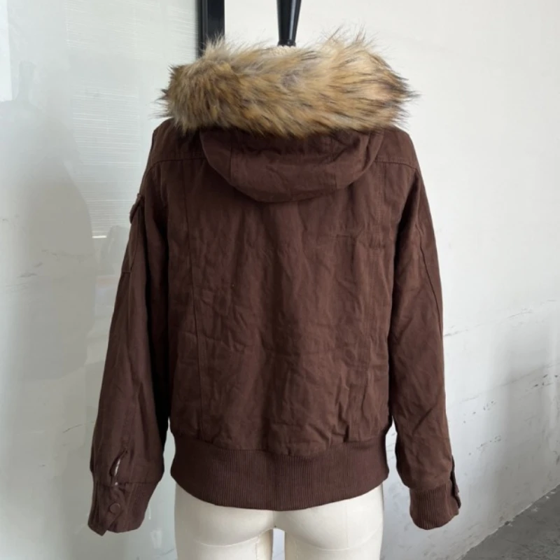 Jaqueta curta com capuz e zíper, gola de pele destacável, casaco sólido, inverno grosso, jaquetas femininas, solto, forrado de lã, casaco quente com zíper