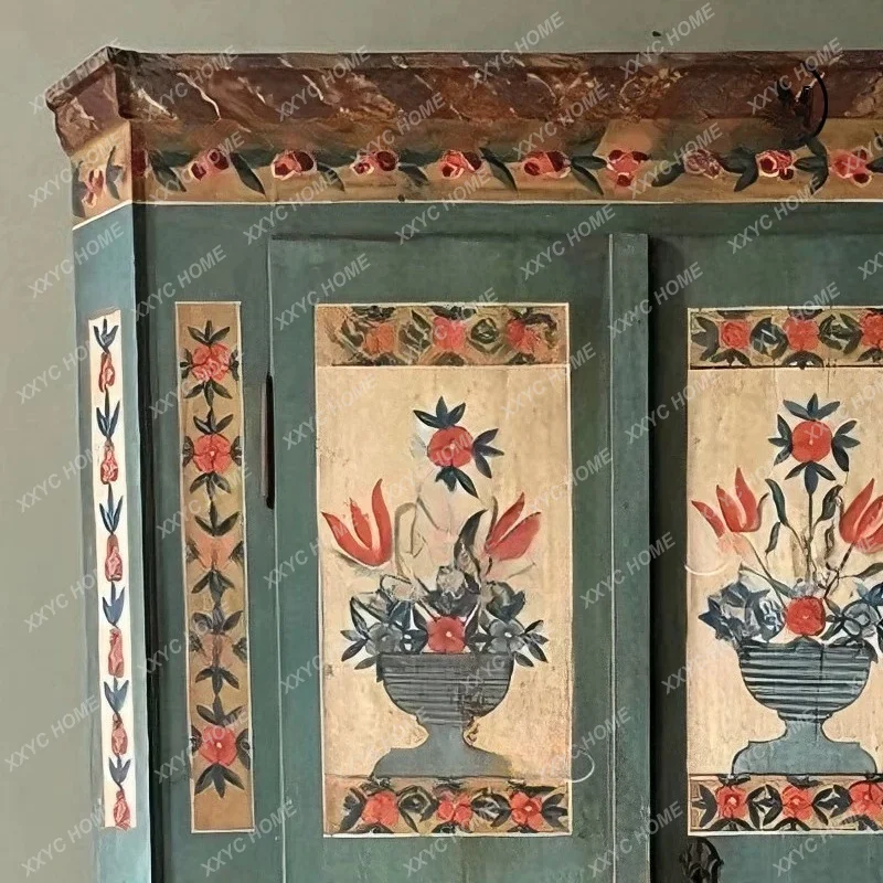 Vintage Green Floral Wardrobe Mid-Century Green Master Bedroom Solid Wood Closet Living Room Carved Sideboard