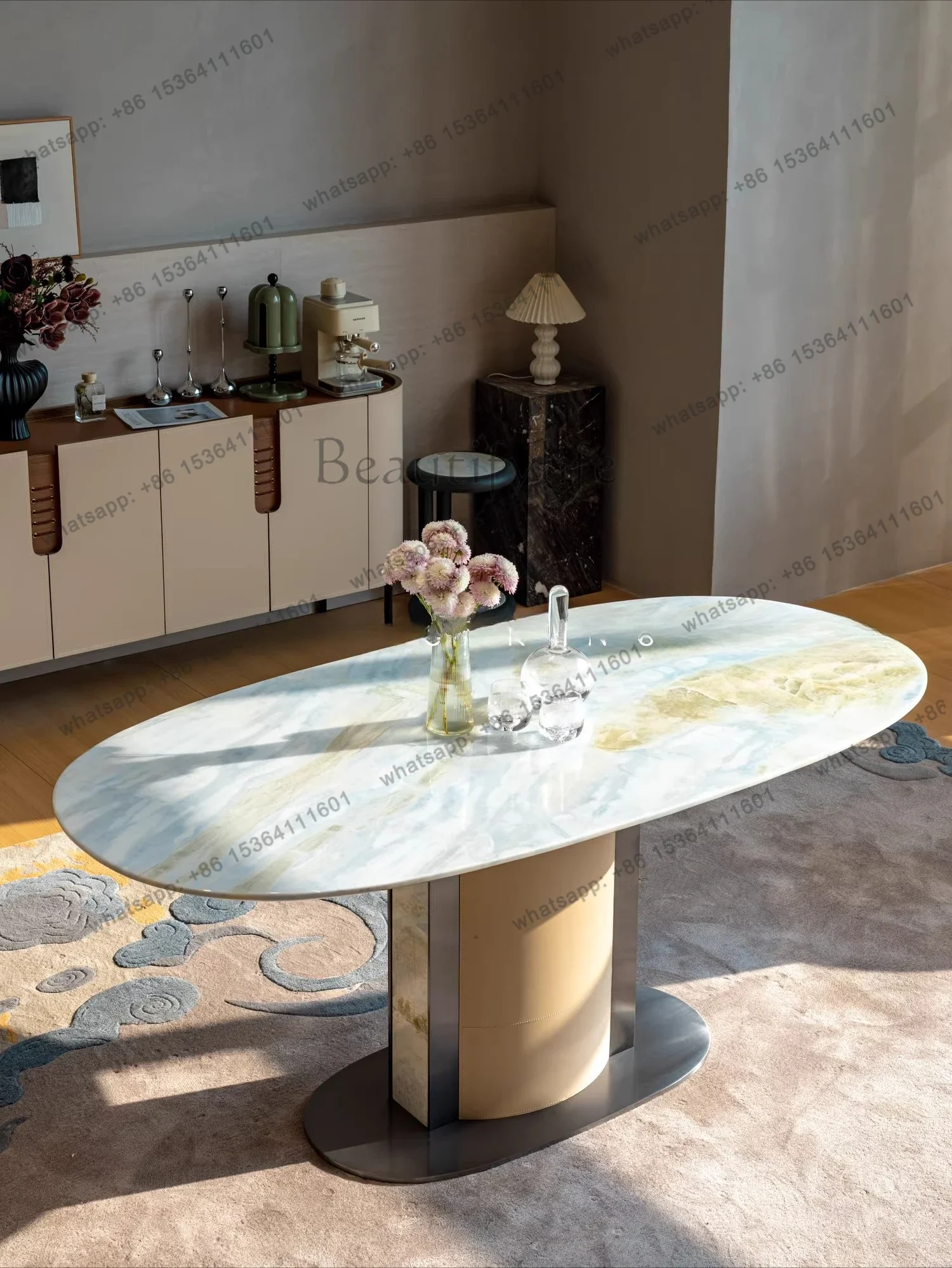 yj58 Luxury stone canoe Maldives blue dining table high-end atmospheric villa Iceland Blue Lake natural marble