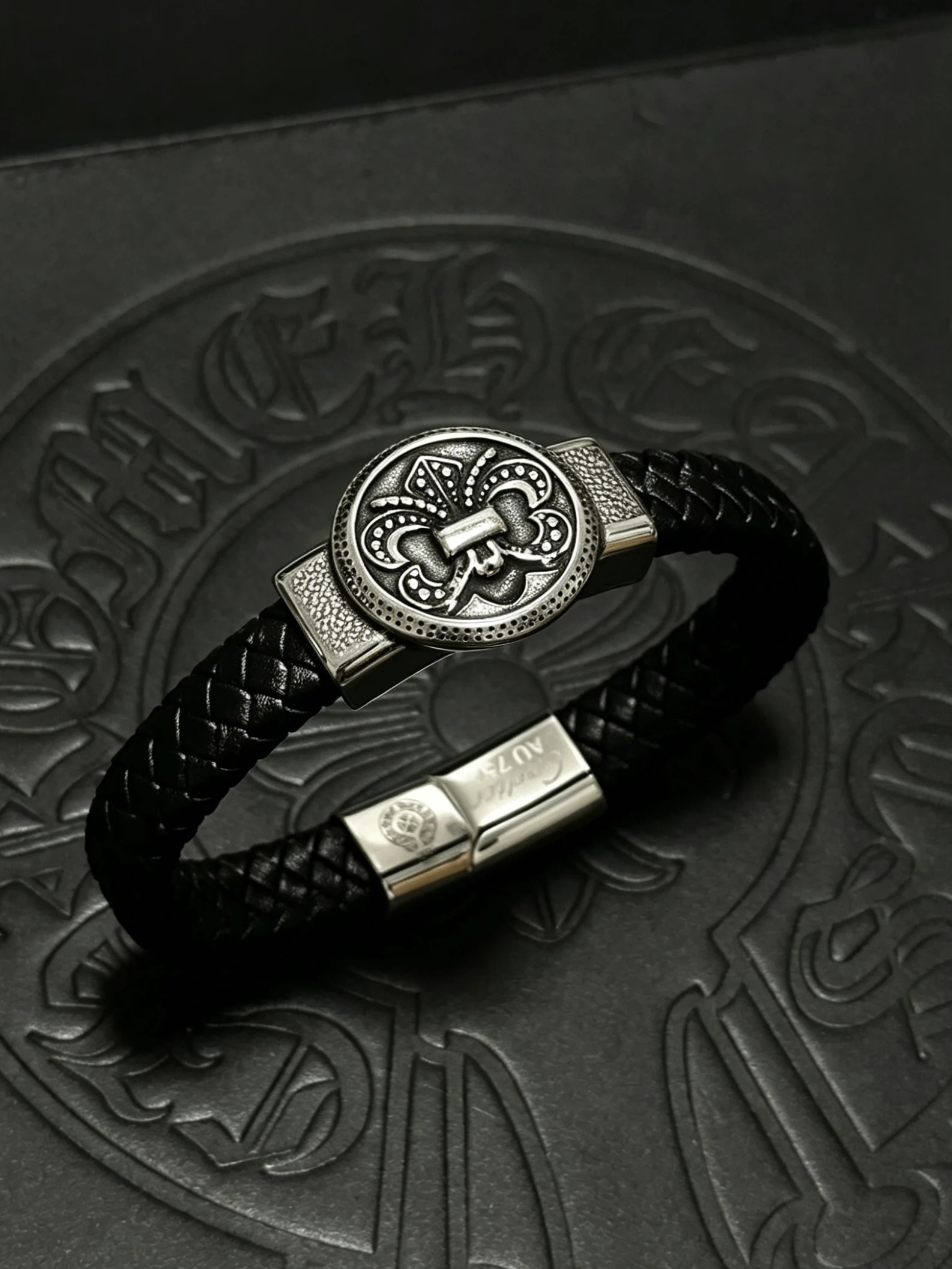 S925 Sterling Silver Glamour Vintage Vintage Cross Braided Leather Bracelet Men's Versatile CH Leather Rope Bracelet