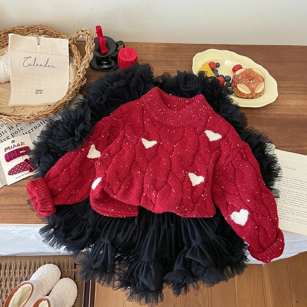 Thick Winter Red Children Long Sleeve Heart-Shaped Knitted Sweater For Kids Korean-Style Warm Christmas Pullover New Year Tops