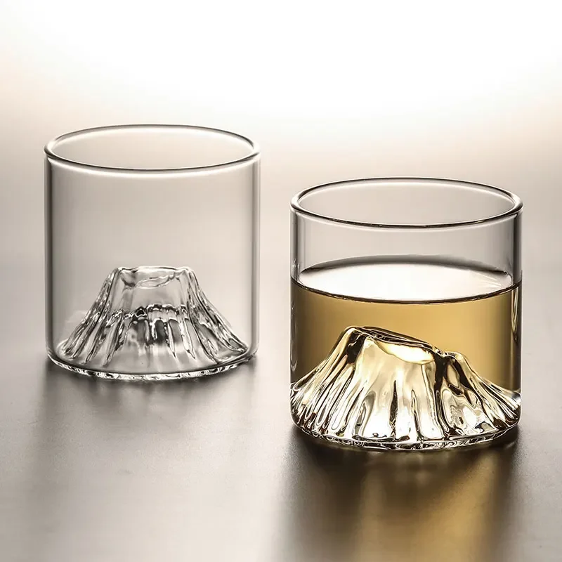 2/1Pcs 175ml New Fuji Whiskey Glass Rocks Bottom Raised Ice Mountain Shape Glass Cup Tumbler for Drink Tea Liqueur XO Wine Cup