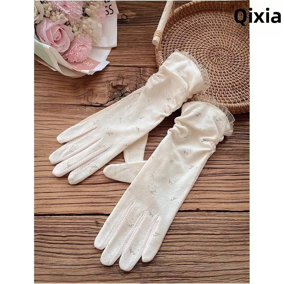 Ladies Sun Protection Lace Gloves Thin Ice Silk Outdoor Cycling Touch Screen Compatible UV Protection Driving Special Use Bre...