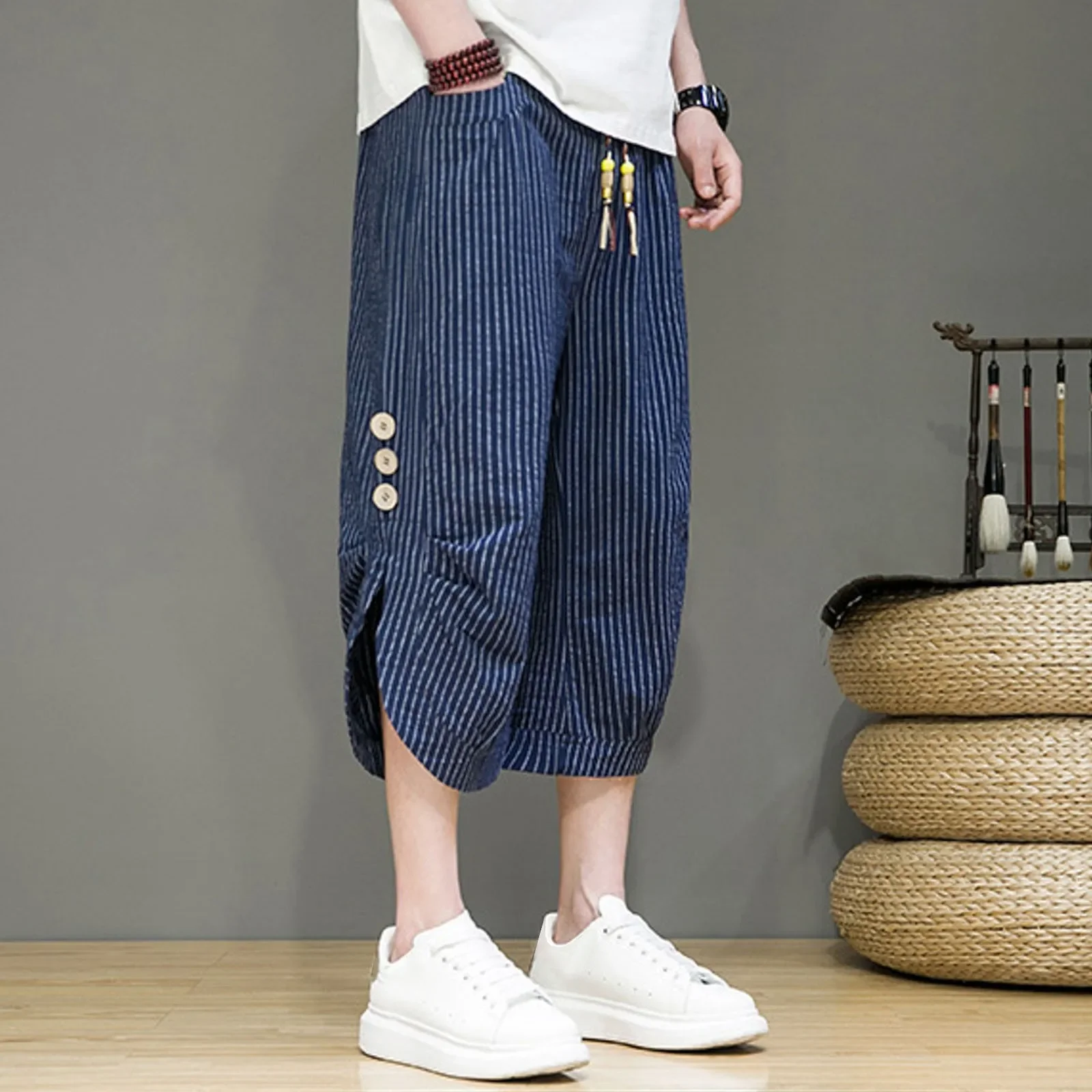 Cargo Harem Pants For Men Baggy Mens Striped Cropped Pants Casual Loose Large Size Japanese Wide Leg Pants Trendy штаны мужские