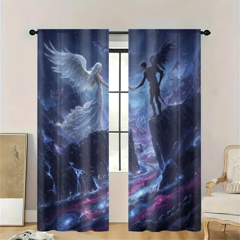 Ethereal Angel Fantasy Curtains Blue Purple Window Decor Celestial Mythological Design Window Treatment Panels for Living Room B