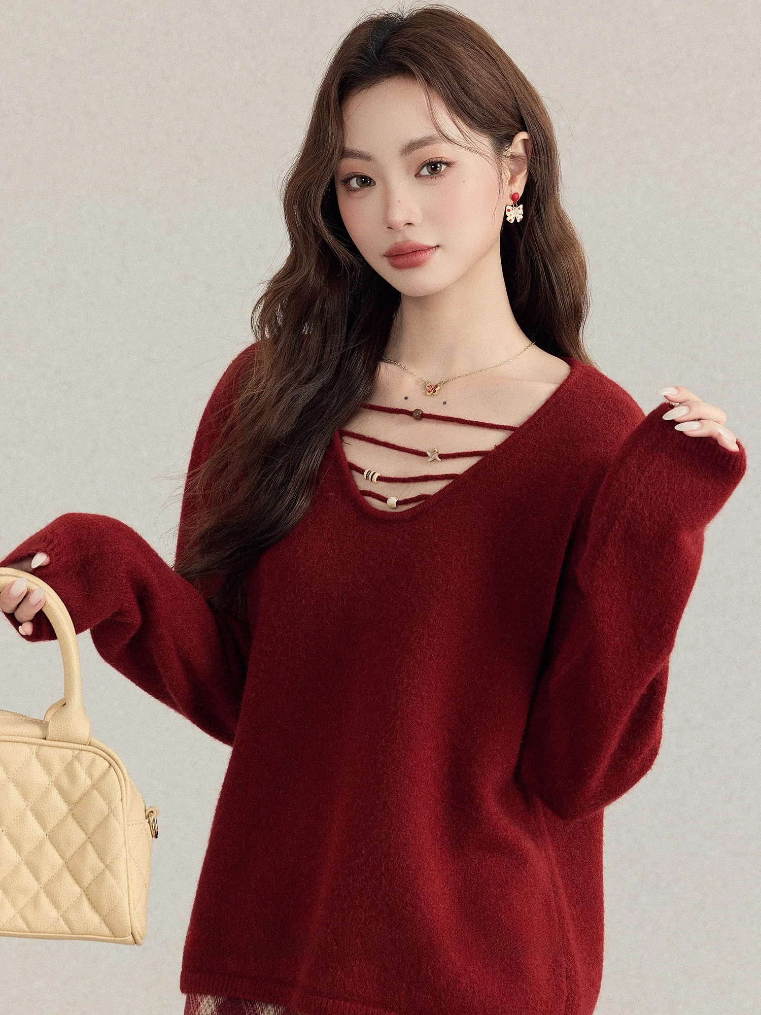 

Mii Xiao Ke Women's V-Ne Hollow out Belted Knitwear Red Top Loose Fit Soft Fabric Long Sve Warmth Winter Autumn Faion