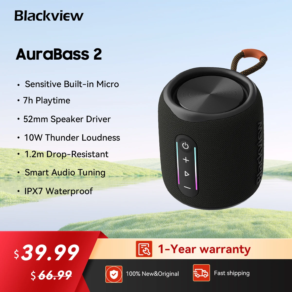 Blackview AuraBass 2 Portable Bluetooth Speaker, IPX7 Waterproof, 1800mAh, 7H Playtime, BT 5.3 for Outdoor, Camping, Travel
