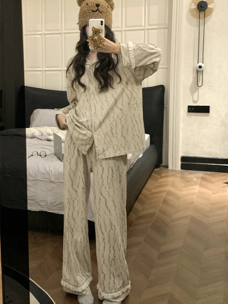 New 2024 Women's Long Sleeve Striped Print Sleepwear Set Large Size Cardigan Home Clothes Floral  Polyester Spring Autumn