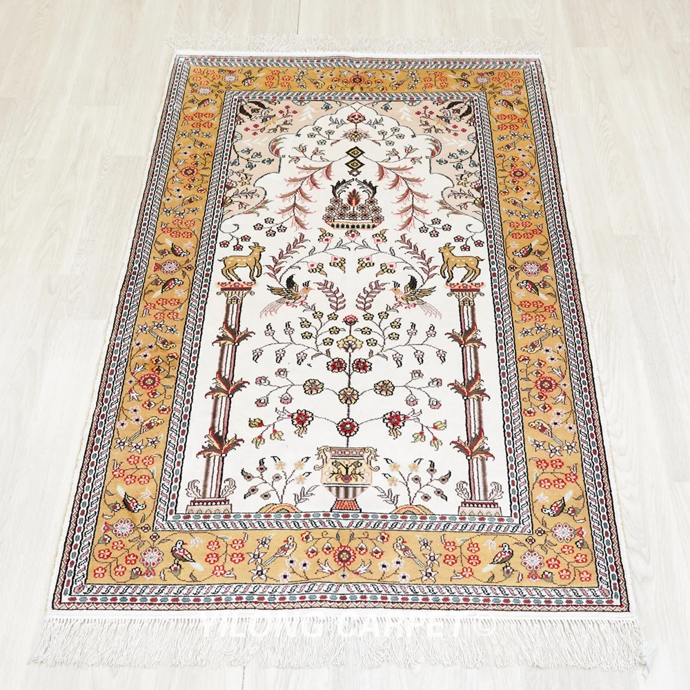 91x152cm Handknotted White And Yellow Silk Handmade Persian Rug Store (YHW340B)