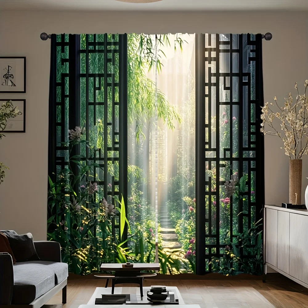 Tropical Bamboo Jungle Curtains Window Drapes Nature View Window Treatment Polyester Curtain Panel for Modern Home Decor Living