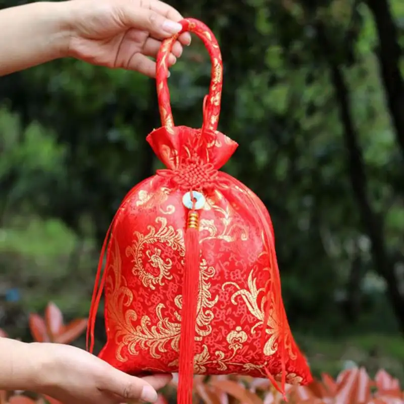 1Pc Canvas Festive Flower Drawstring Bag Chinese Knot Tassel Sugar Bag Wedding Large Capacity Handbag - Image 5