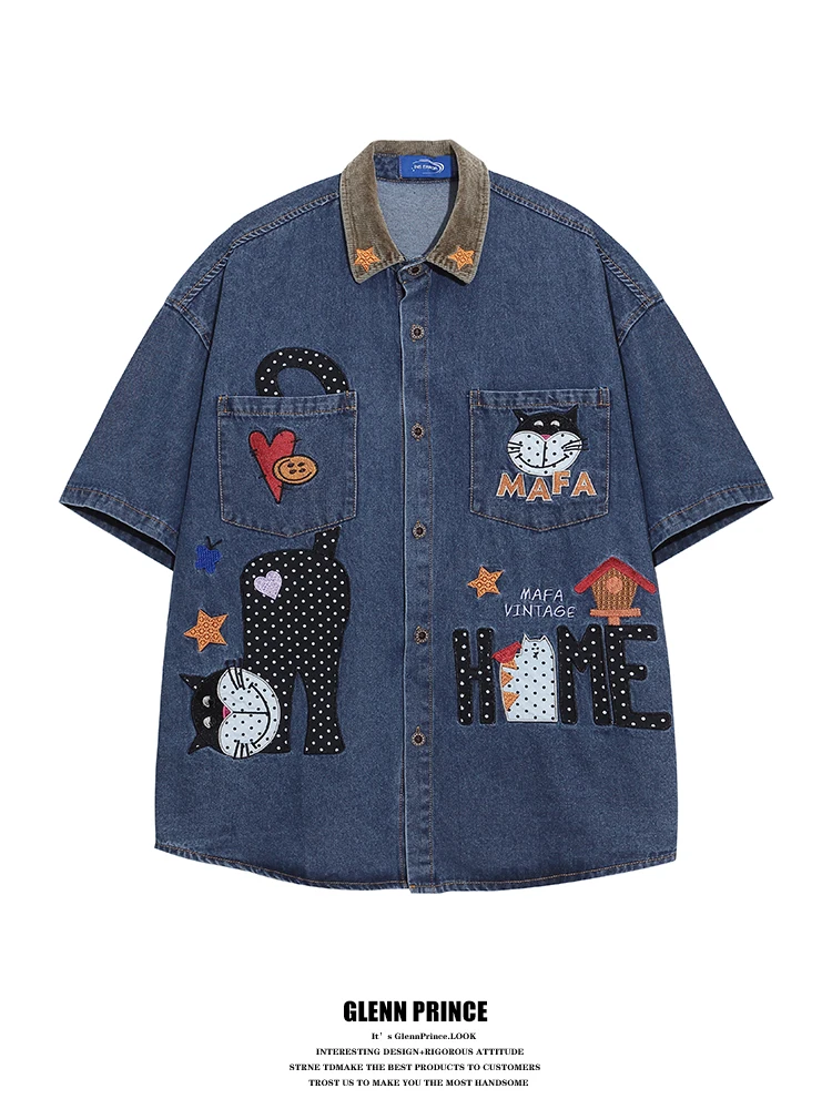 

GPstudio American Retro Cartoon Patchwork Embroidered Denim ort Sve Men's Summer BF Lazy College Sle irt Cotton 00%