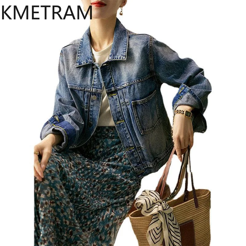 

KMETRAM 100% Cotton Denim Jackets for Woman Fashion New in Outwears Collared Jacket Fall Clothes Women 2024 Chaquetas Para Mujer