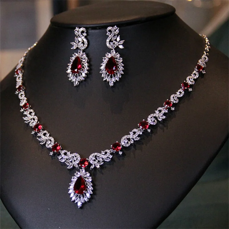 CC Vintage Jewelry Sets For Women Party Engagement Wedding Accessories Dark Red Cubic Zirconia Stone Necklace And Earrings Set