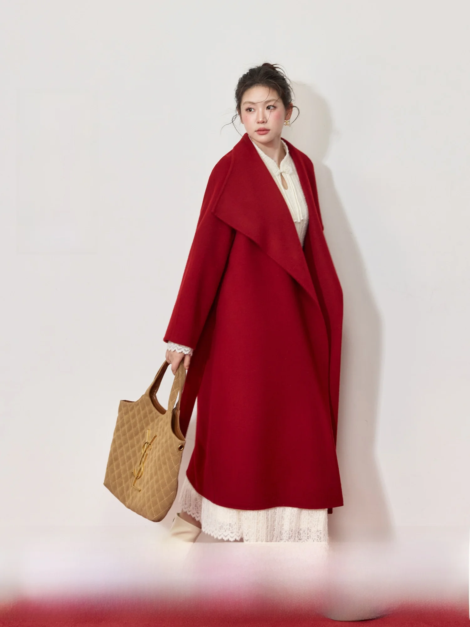 

Blue Language Large Size Woolen Double-Faced Tweed Coat Collared Winter New Year Red Engagement Outerwear Women's Faion